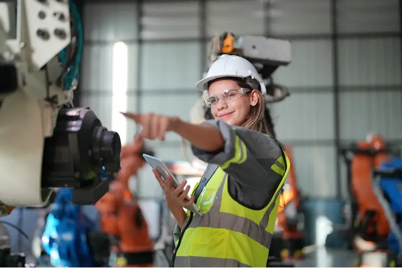 Robotic arm engineer checking on equipment