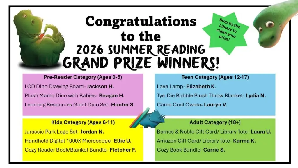Summer Reading Prize winners: Jackson, Reagan, Hunter, Jordan, Ellie, Fletcher, Elizabeth, Lydia, Lauryn, Laura, Carrie, Karmen