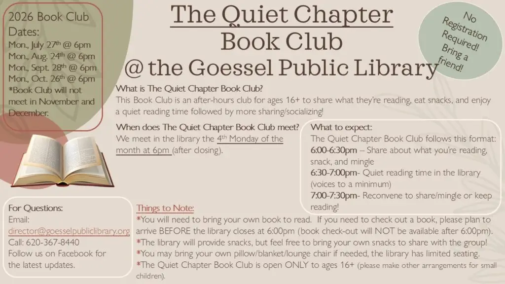 Quiet Chapter Book Club, 6pm, Sept 28 & Oct 26